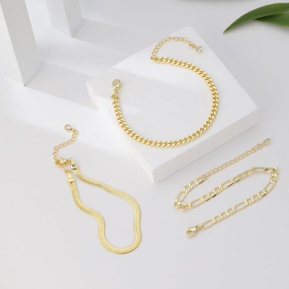 Gold Bracelet Set for Women Layered Chain Link Herringbone Adjustable Jewelry - Picture 5 of 7